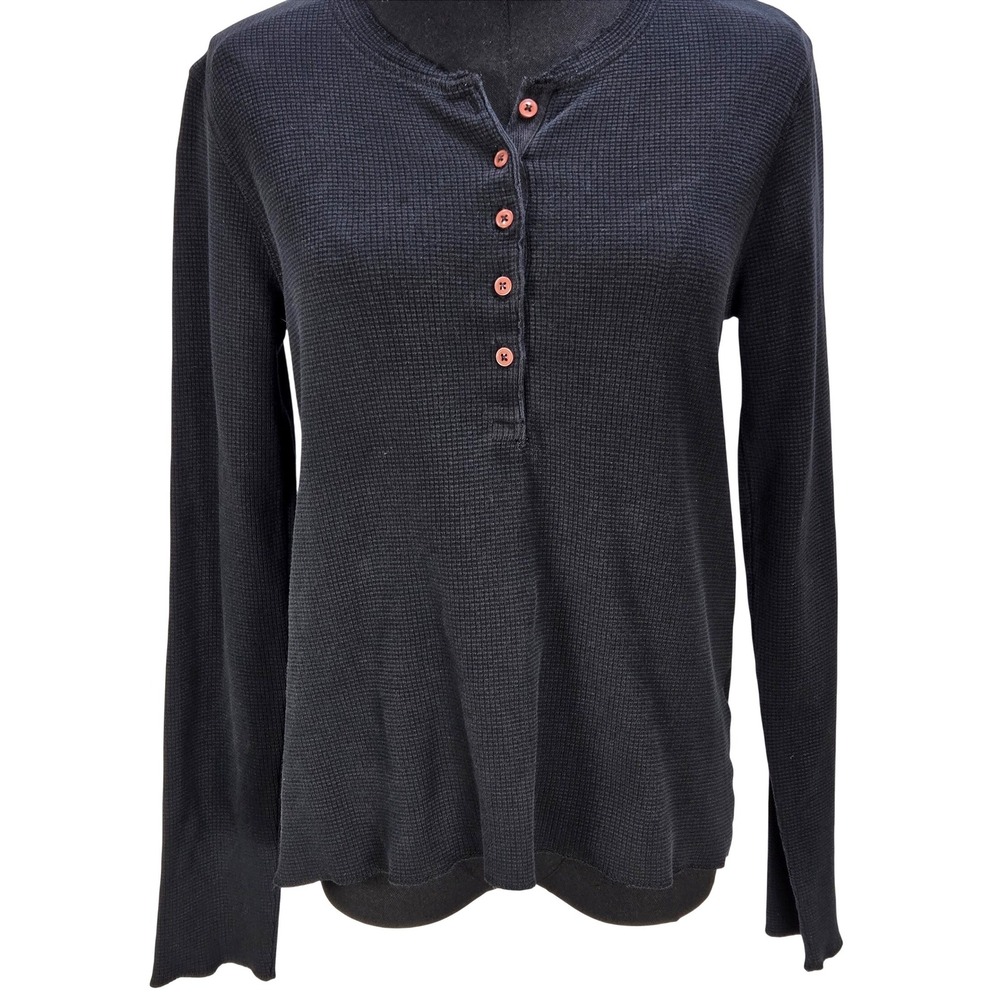 Women's Pact Small Black Waffle Knit Organic Cotton Henley Long Sleeve Top